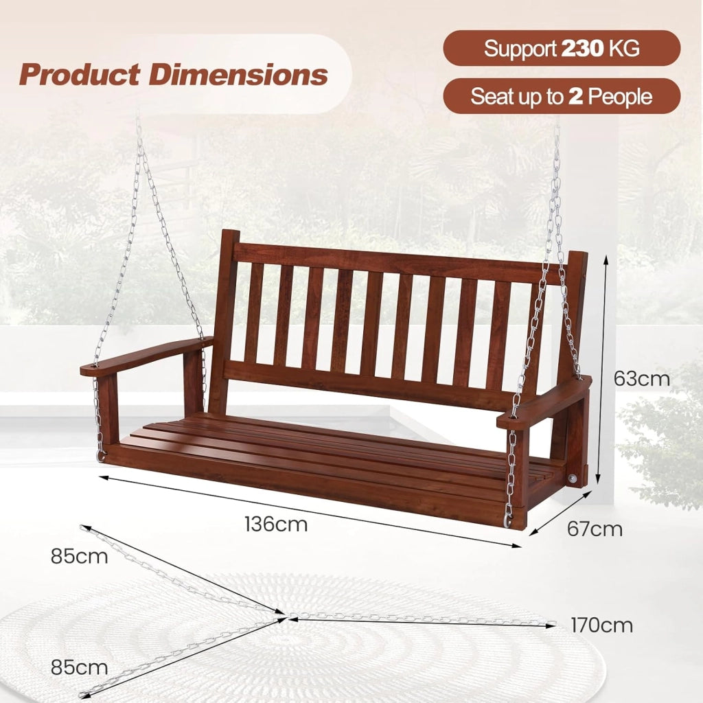 Altalena sospesa in legno per 2/3 persone con catene in metallo zincato regolabili e resistenti, con schienale a doghe e sedile per patio, giardino, 136 x 67 x 63 cm, marrone)