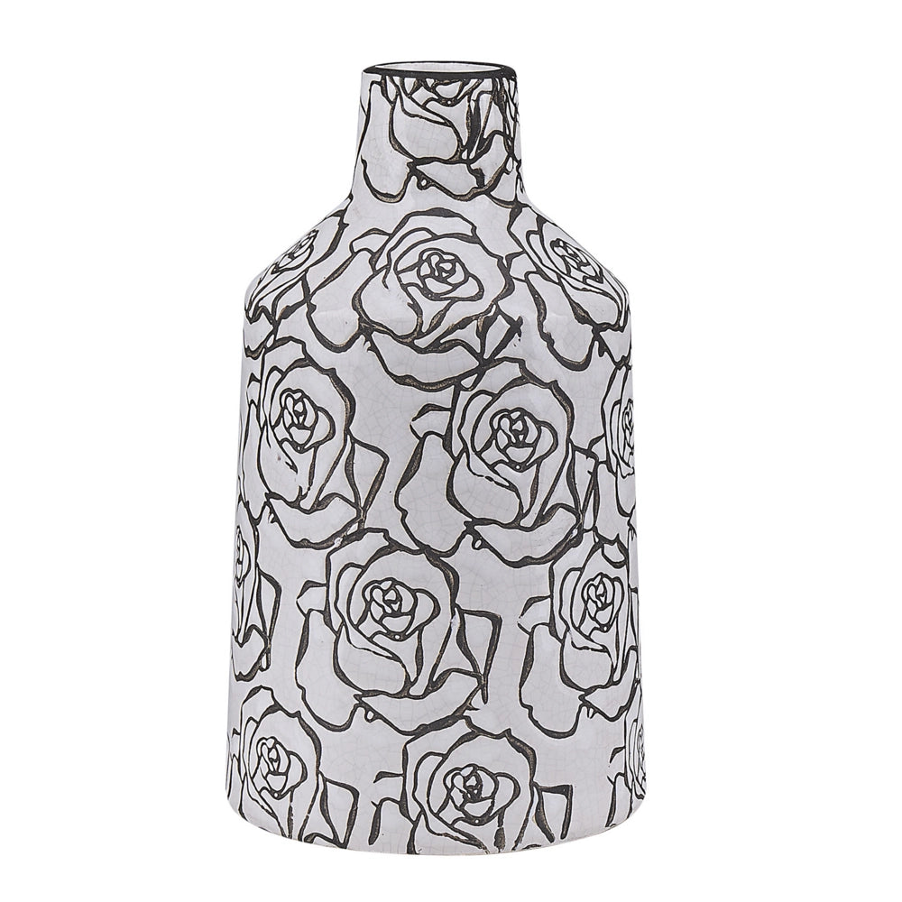 Vaso per fiori decorativo in gres porcellanato con motivo a rosa effetto craquelé bianco e Nero
