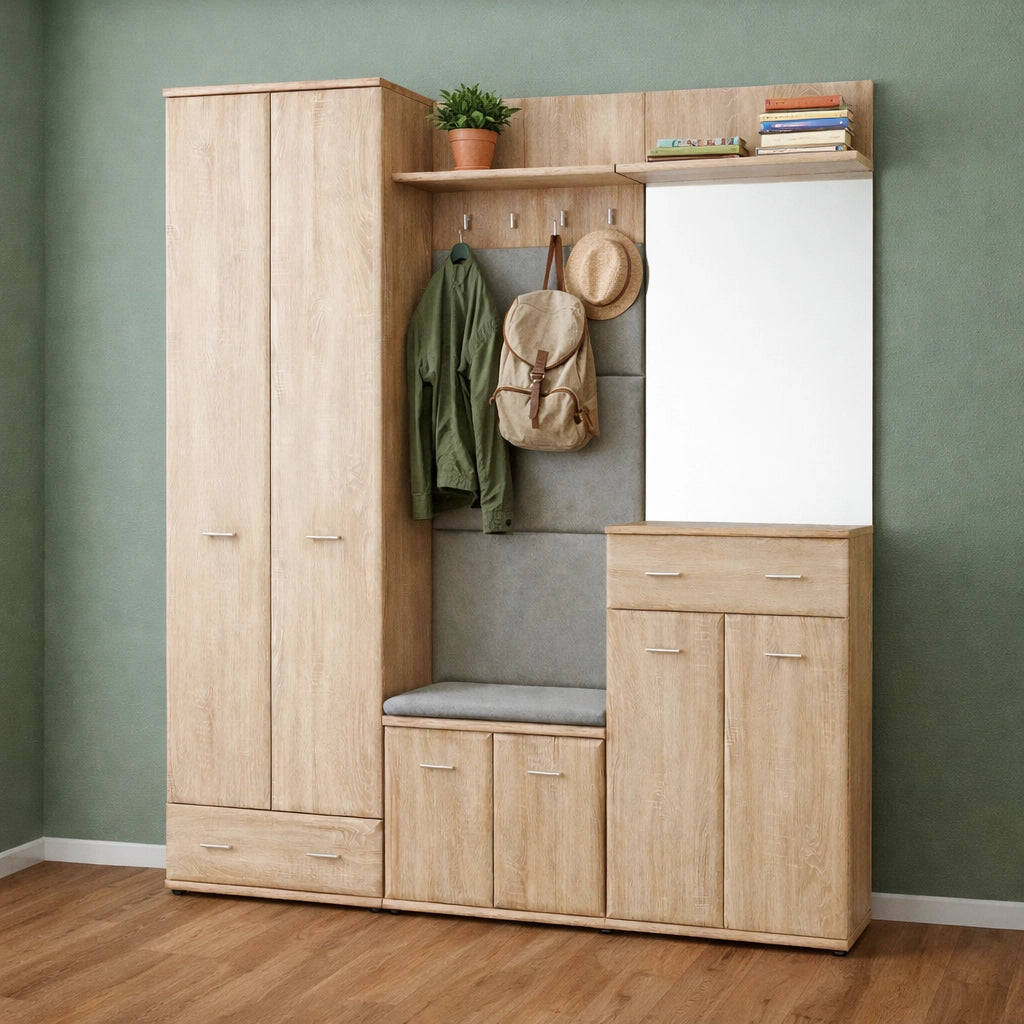 Mobile Ingresso Scarpiera Appendiabiti Imbottito Set Entrata Anta Specchio Vani Guardaroba Ganci Armadio Mobiletto Multifunzione Salvaspazio Corridoio Casa Design Moderno 180 x 32 x 203 Cm Rovere