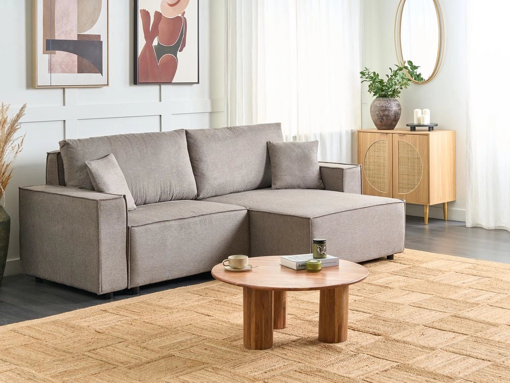 Divano letto angolare a sinistra Grigio Talpa Tessuto poliestere imbottito 3 posti a L con cuscini Funzione letto Stile moderno Soggiorno