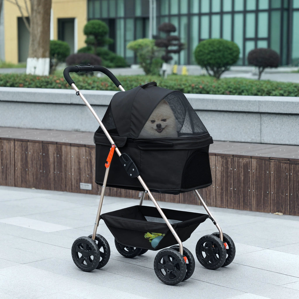 Passeggino per Cani 3 in 1 Pieghevole con Borsa Trasportino e Cestino Inferiore, Nero