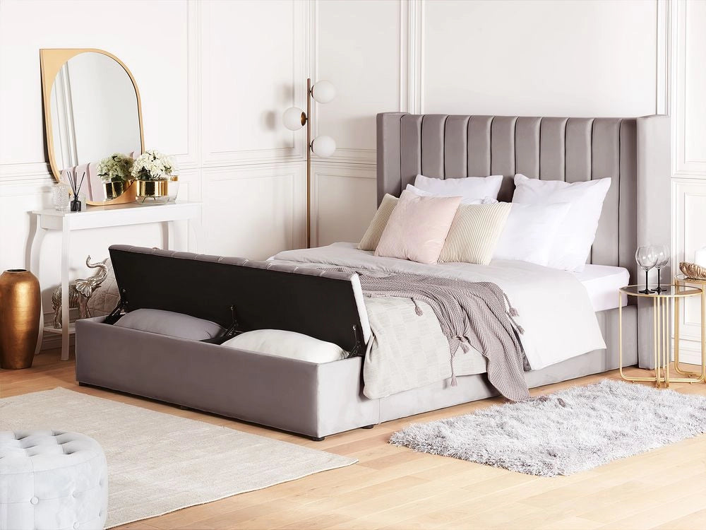 Letto velluto di colore grigio rete a doghe e cassapanca 180 x 200 cm stile moderno glam