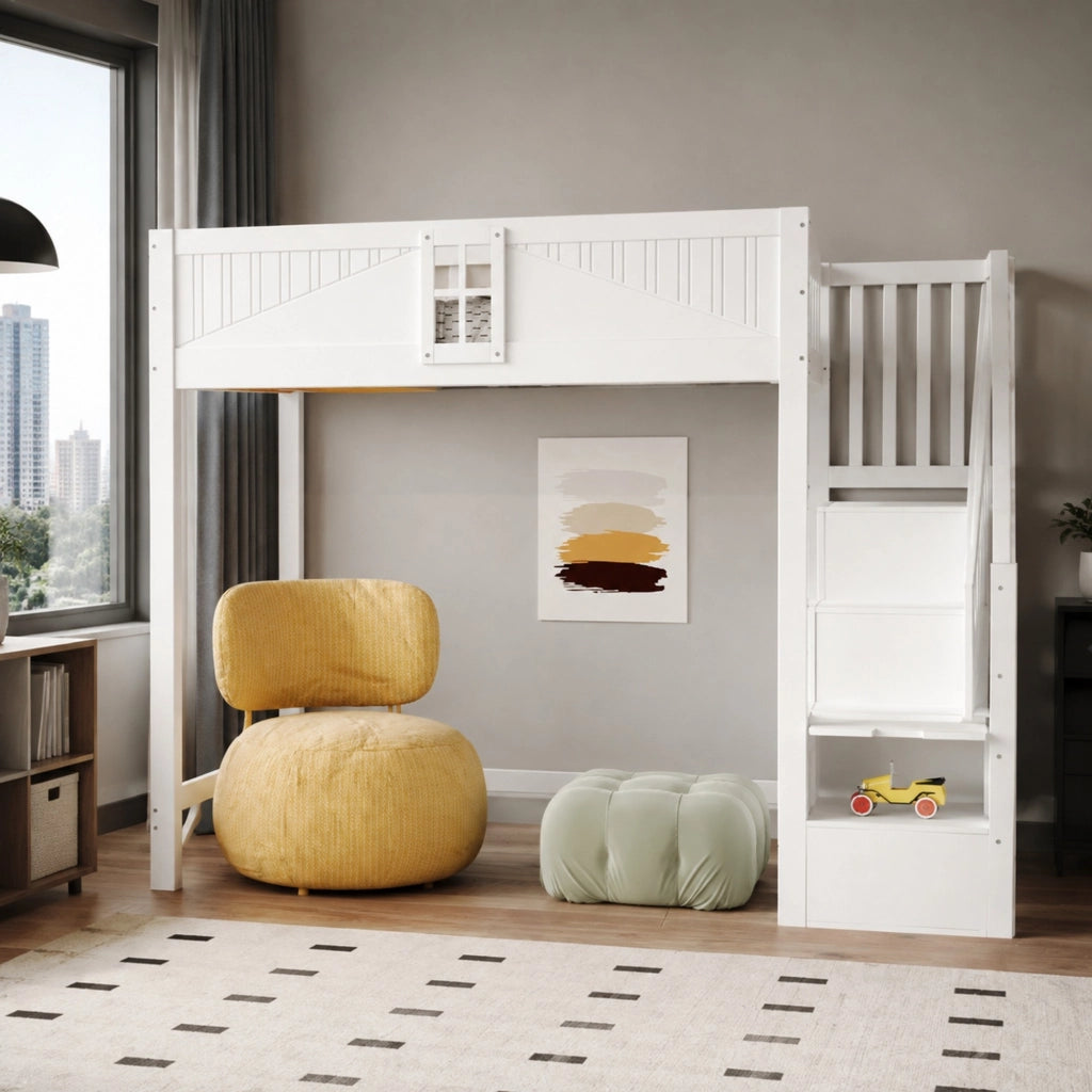 Letto a soppalco 90x200 cm in legno bianco con scala laterale