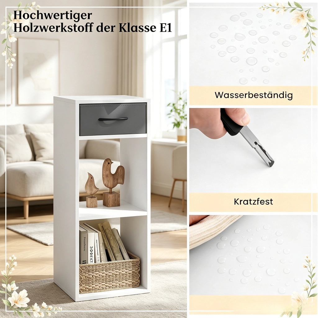Libreria a cubi da pavimento con cassetto e ripiani aperti in legno ingegnerizzato grigio bianco 32 × 30 cm