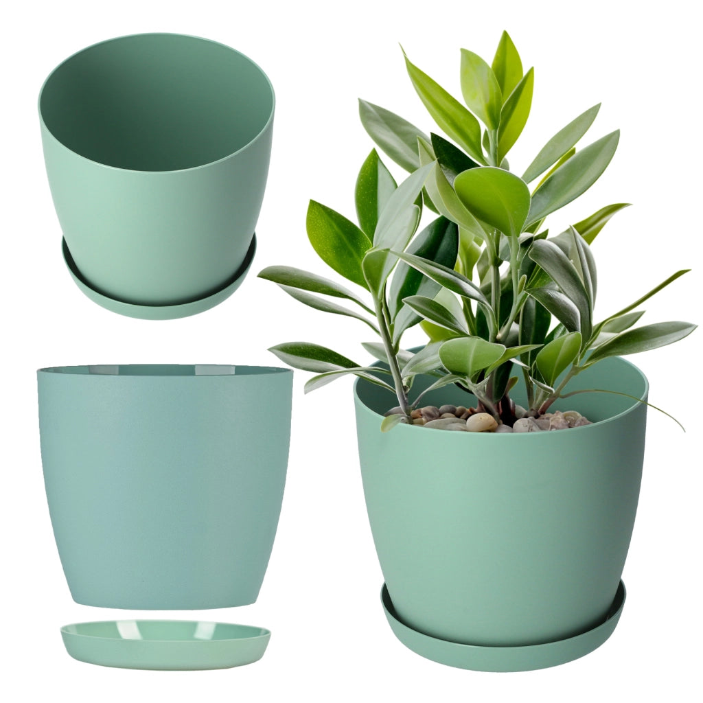 Vaso da fiori KADAX con sottovaso, vaso in plastica da 16 cm, coperchio, fiori, verde opaco