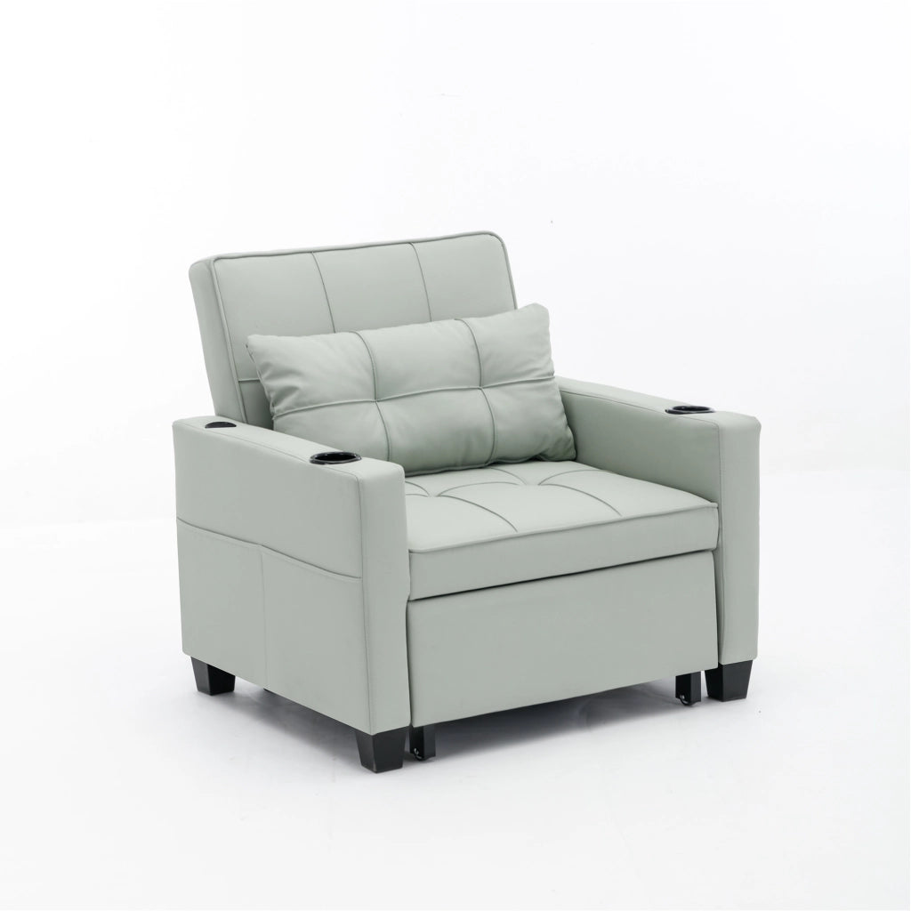 Divano letto singolo 3 in 1 con portabicchieri tasca laterale e schienale regolabile in PU e metallo verde chiaro
