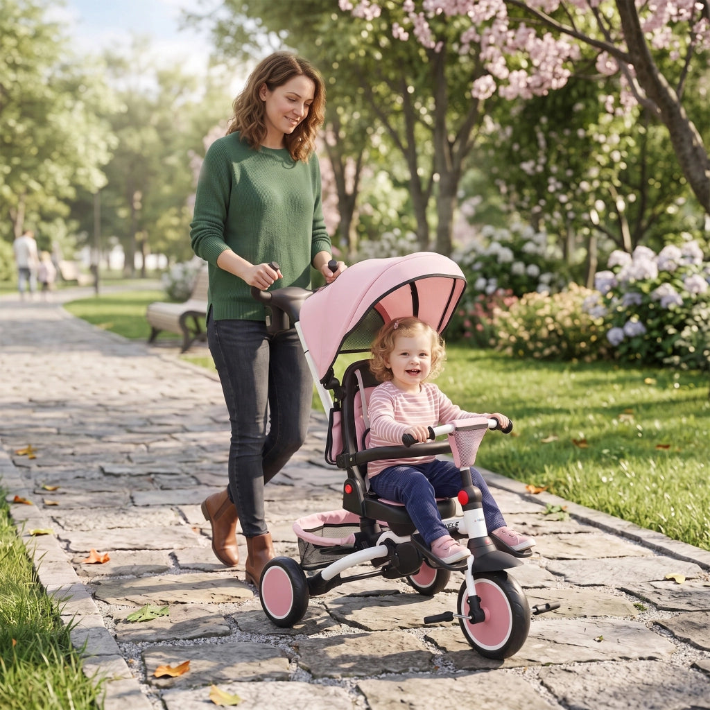 Triciclo per Bambini 6 in 1 con Maniglione di Spinta e Sedile Girevole 111,5x52x98 cm Rosa
