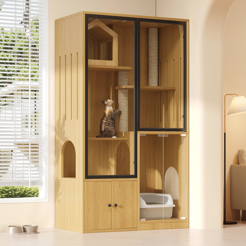 Cuccia per Gatti a 4 Piani con Tiragraffi ¨C MINIMAL ¨C Legno Acero Giallo, 90x50x160 cm