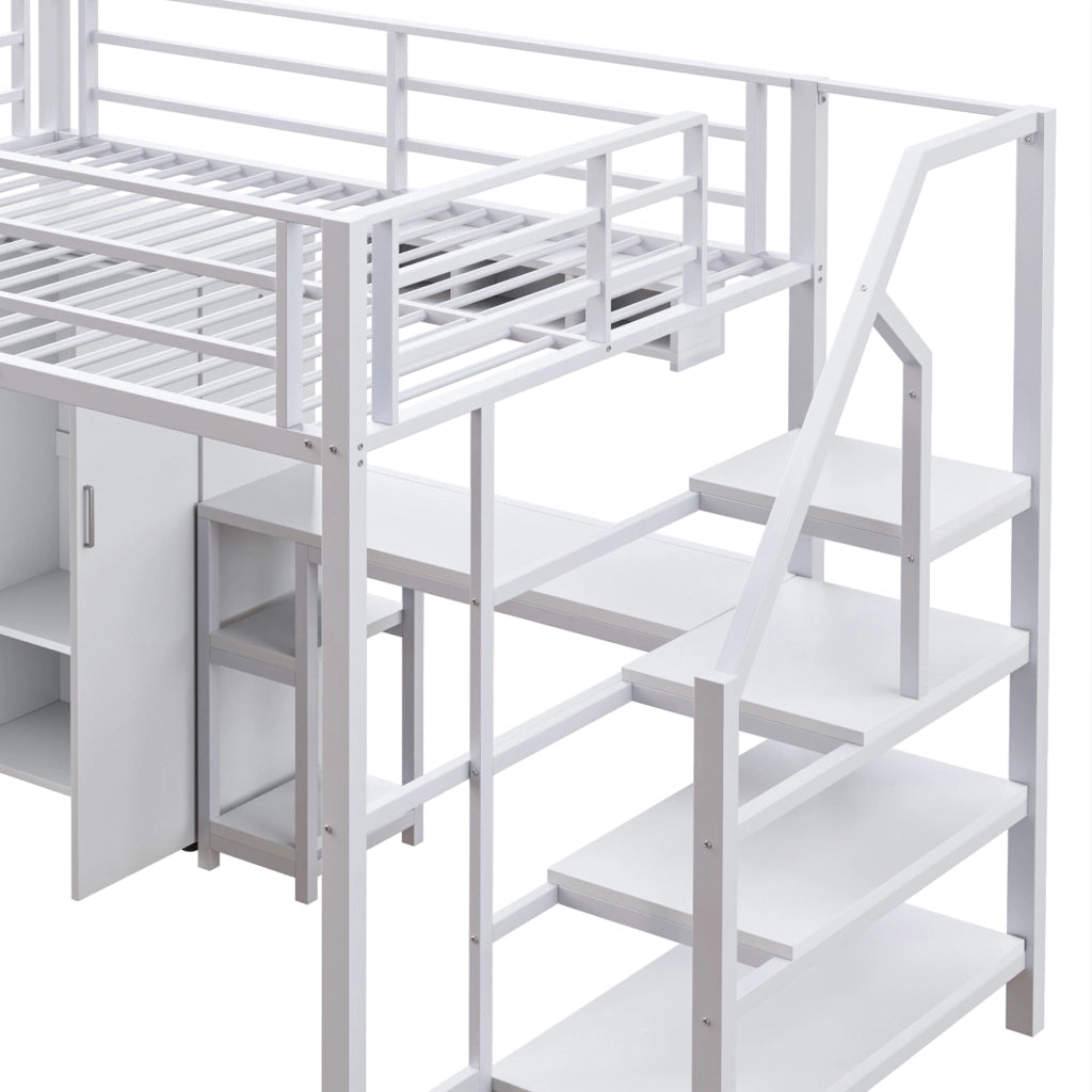 LETTO a soppalco 140x200 cm in metallo bianco con armadio, ripiani e scrivania