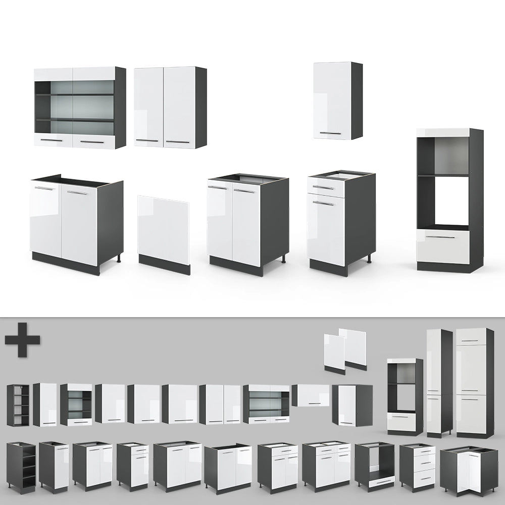 Vicco Cucina componibile Bianco lucido/antracite 300 cm con armadio alto, PL Rovere