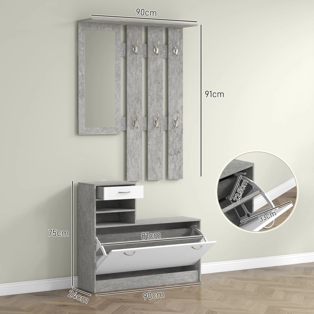 Set Mobile da Ingresso con Appendiabiti a 6 Ganci, Mobile Scarpiera con Cassetto e Specchio, Grigio