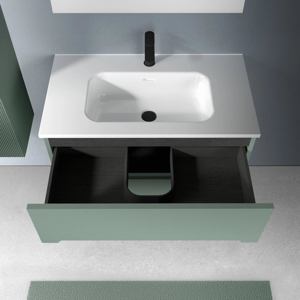 Mobile bagno sospeso 80 verde cannettato 2 cassetti lavabo e specchio Rigo