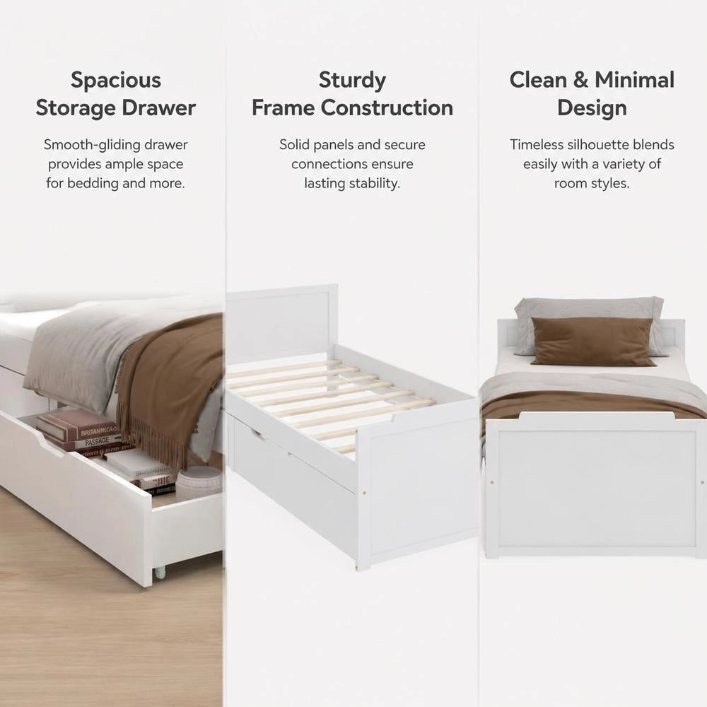 Solid Wood Bed With Drawers, White Pine, 90x200 Cm