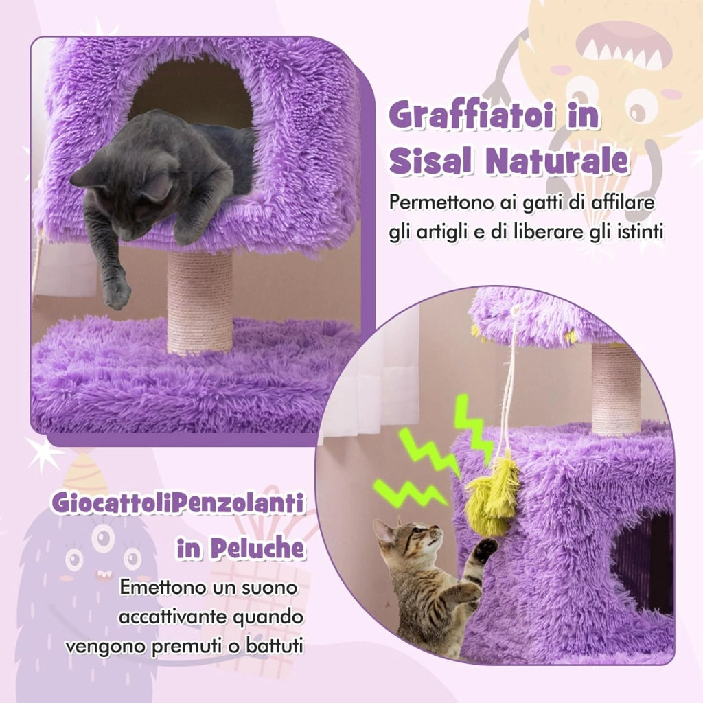 Albero per Gatti, Torre di Gatti a Tema Mostro Carina con 2 Nidi Privati, Palo per Graffio in Sisal e Giocattoli Pendenti, Centro Attività a 3 Livelli per Gatti