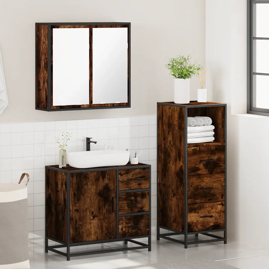 Set Mobili da Bagno 3 pz Rovere Fumo in Legno Multistrato 3301017