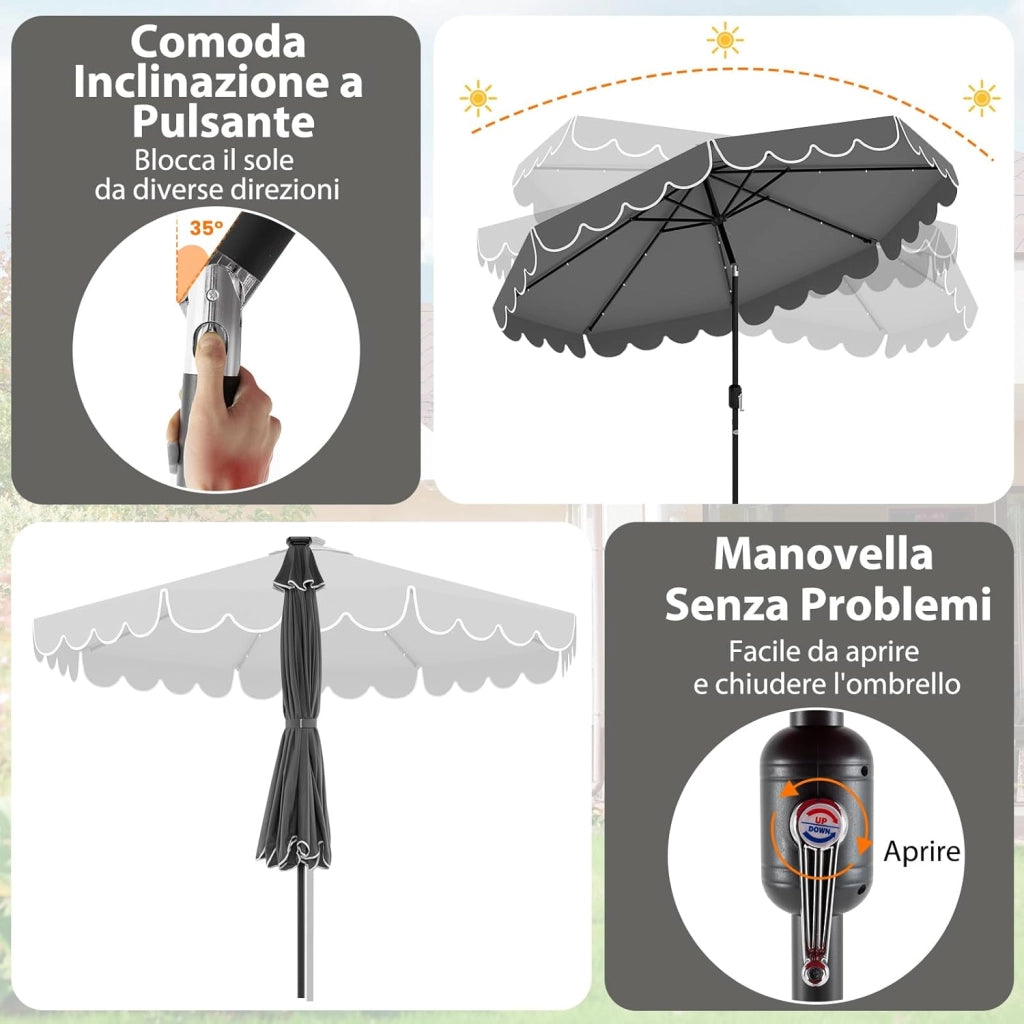 Ombrellone da Giardino 300 cm, con 24 Luci LED Solari, Inclinazione Regolabile, Manovella, 8 Stecche, Anti-UV, Top Ventilato, Idrorepellente, Giardino Piscina Patio (Grigio)