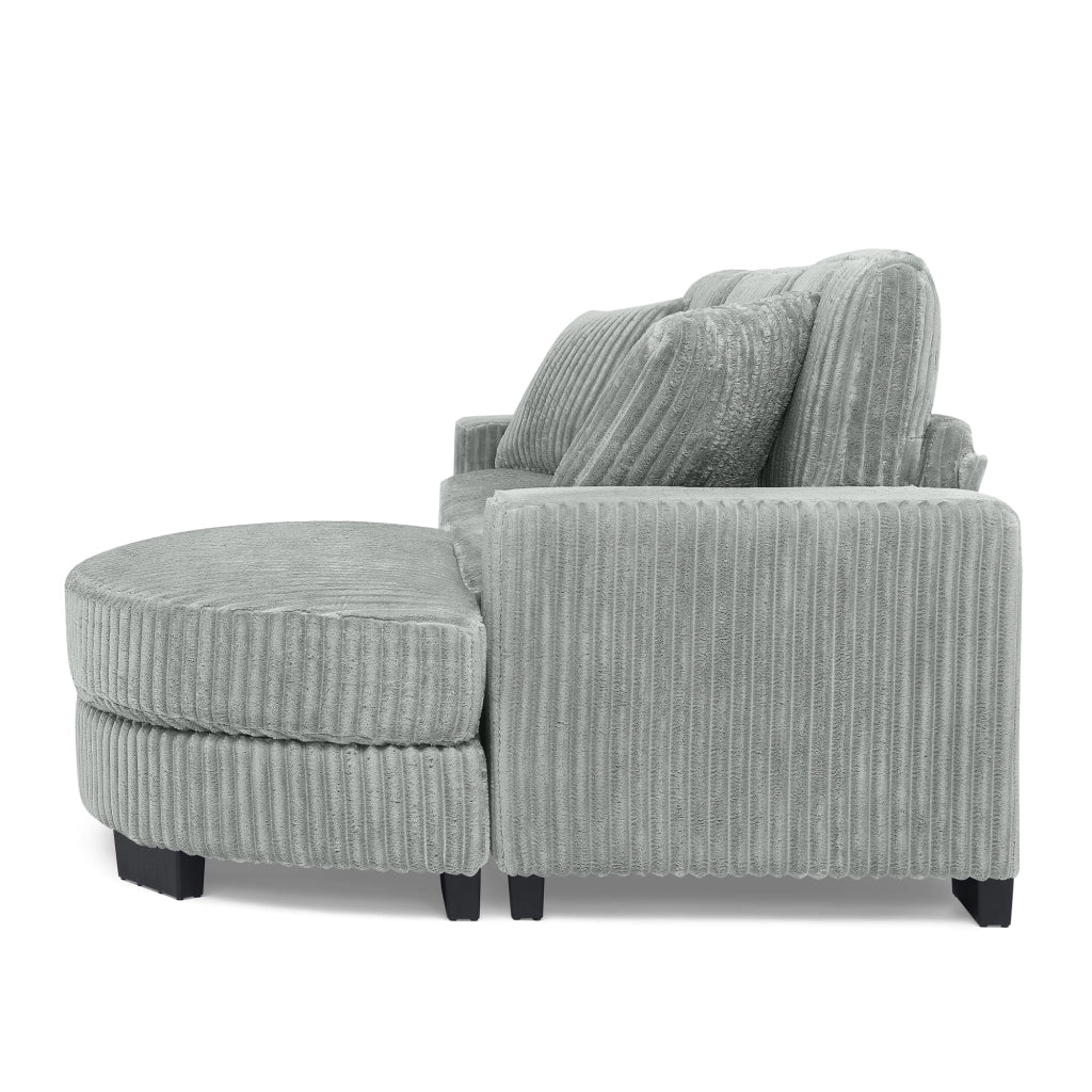 Divano angolare modulare a L con pouf ovale e 2 cuscini in corduroy, seduta confortevole grigio 256.5 × 133.5 × 89 cm