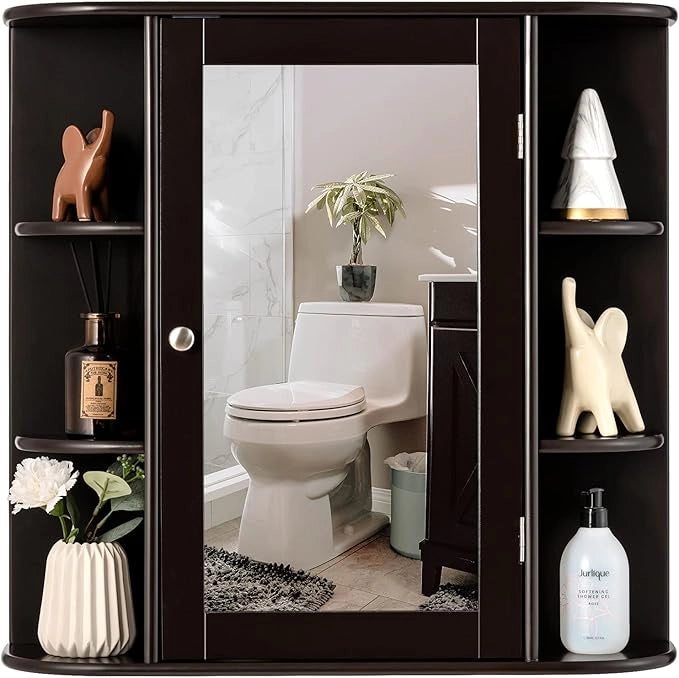 Armadietto del Bagno con Specchio, Armadietto di Legno Appeso con Mensole Regolabili, Armadietto dei Medicinali Multiuso per Bagno Salone Cucina (Marronre)