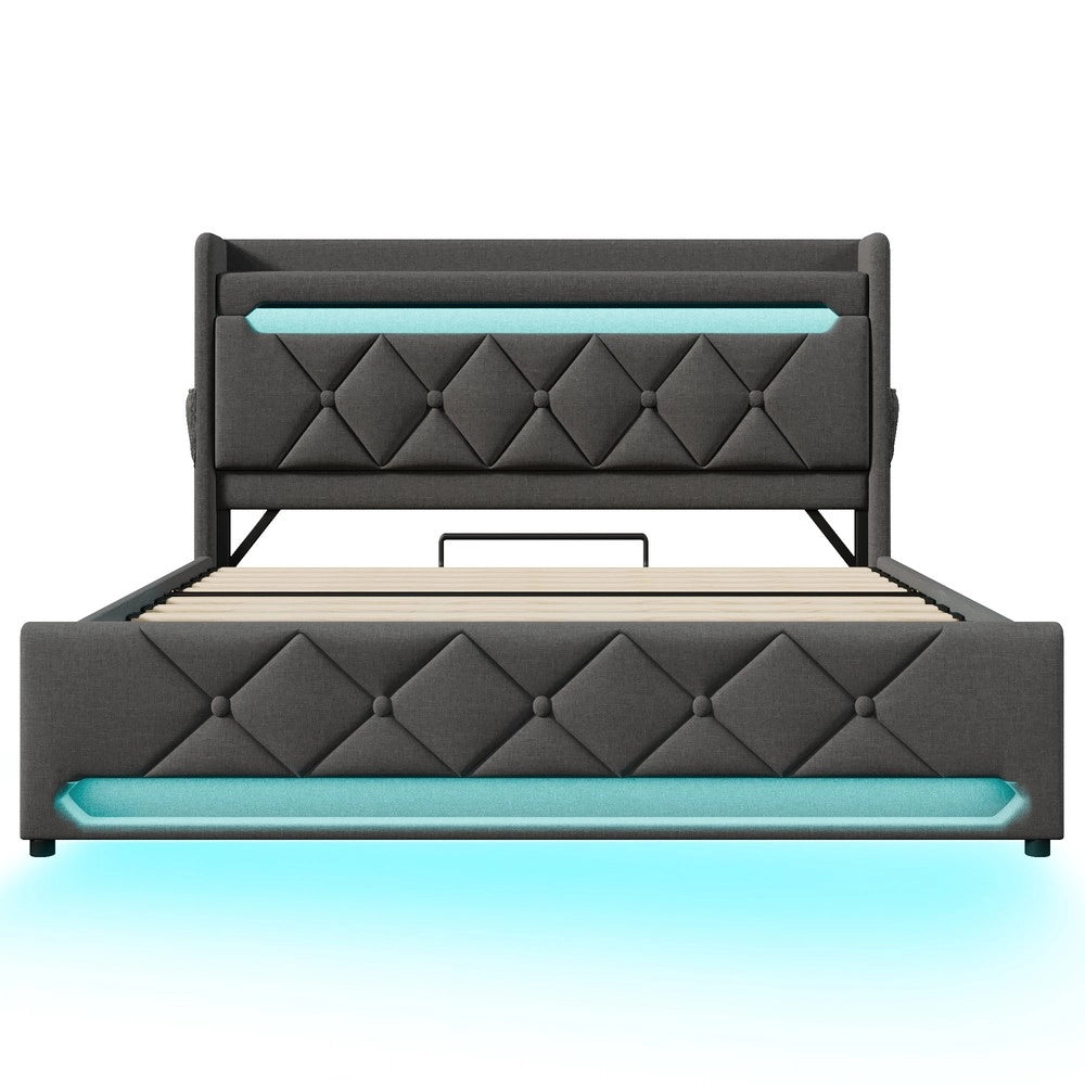Letto Imbottito Matrimoniale con Contenitore Idraulico e LED ¨C MINIMAL ¨C Grigio, Tessuto, 160x200