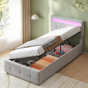 Letto imbottito singolo 90x200 cm con LED; contenitore idraulico e testiera regolabile; velluto grigio