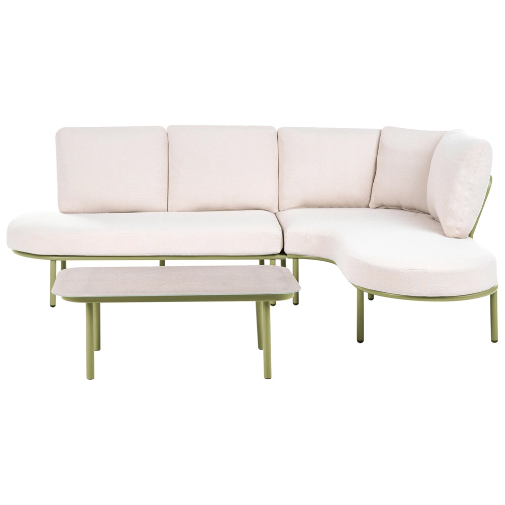 Divano da esterno con tavolino da 4 posti struttura in alluminio,piano ovale in metallo cuscini verde e beige chiaro