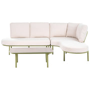 Divano da esterno con tavolino da 4 posti struttura in alluminio,piano ovale in metallo cuscini verde e beige chiaro