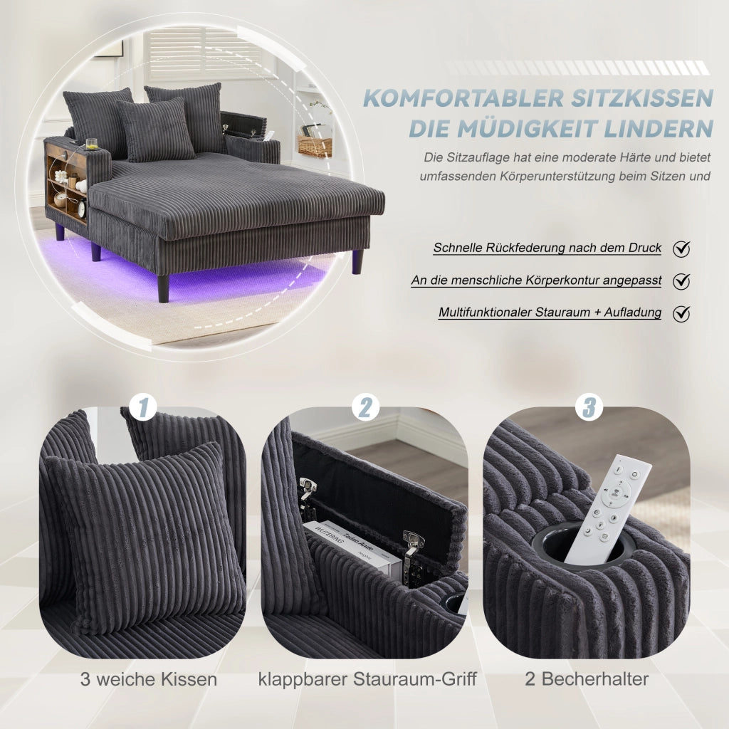 Méridienne con portabicchieri LED tasca laterale e porta USB in velluto a coste grigio scuro 129 × 170 × 70 cm