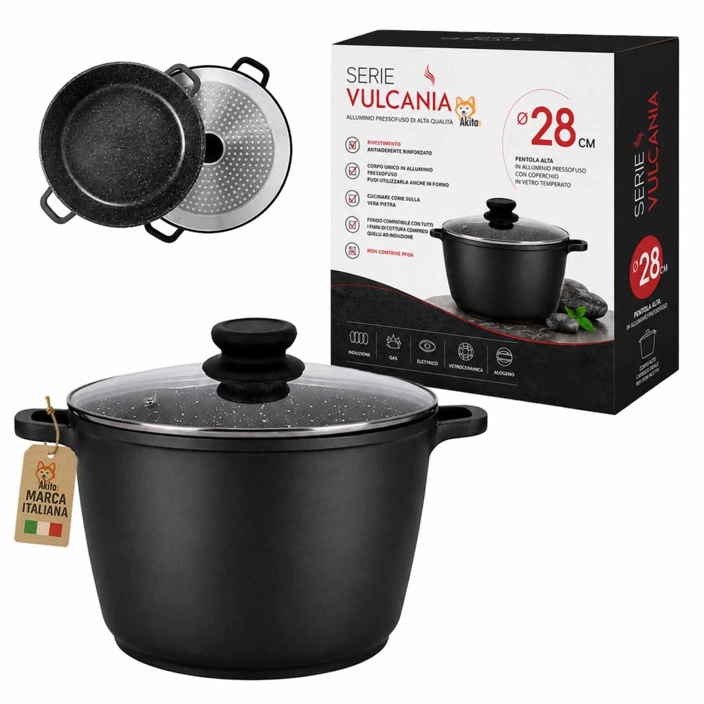 Akitaink Pentola Alluminio Pressofuso Coperchio Vetro 28 cm