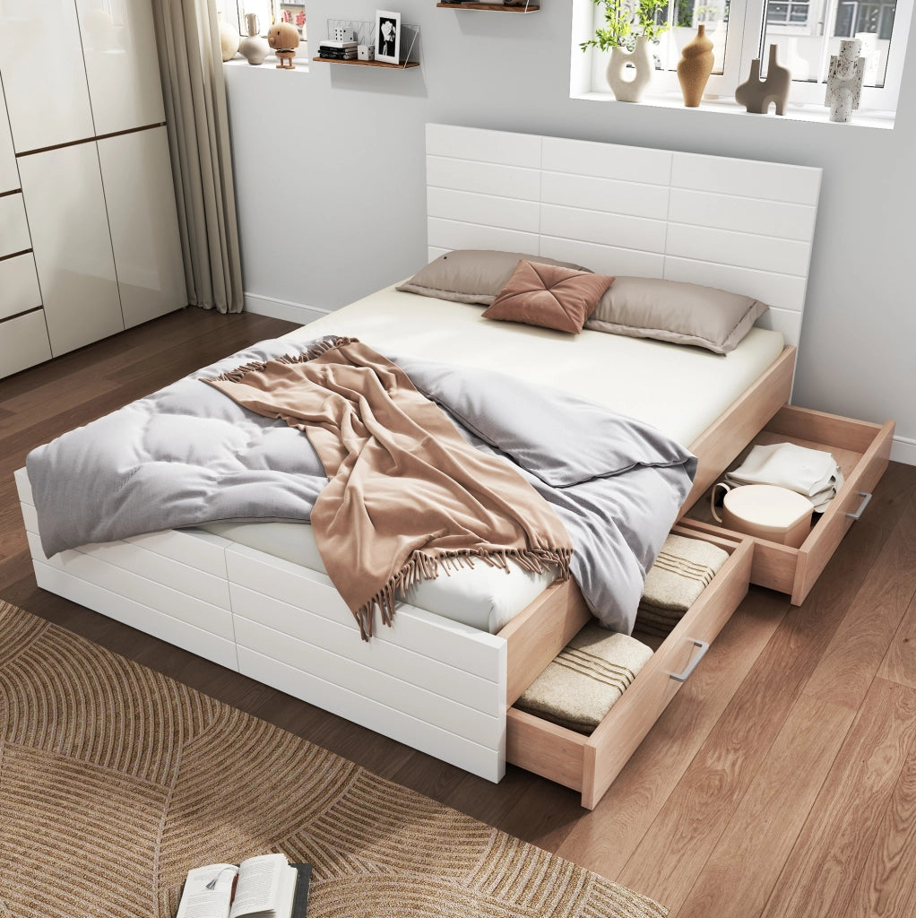 Letto matrimoniale 140x200 cm in legno massiccio e MDF; bianco e rovere con 2 cassetti
