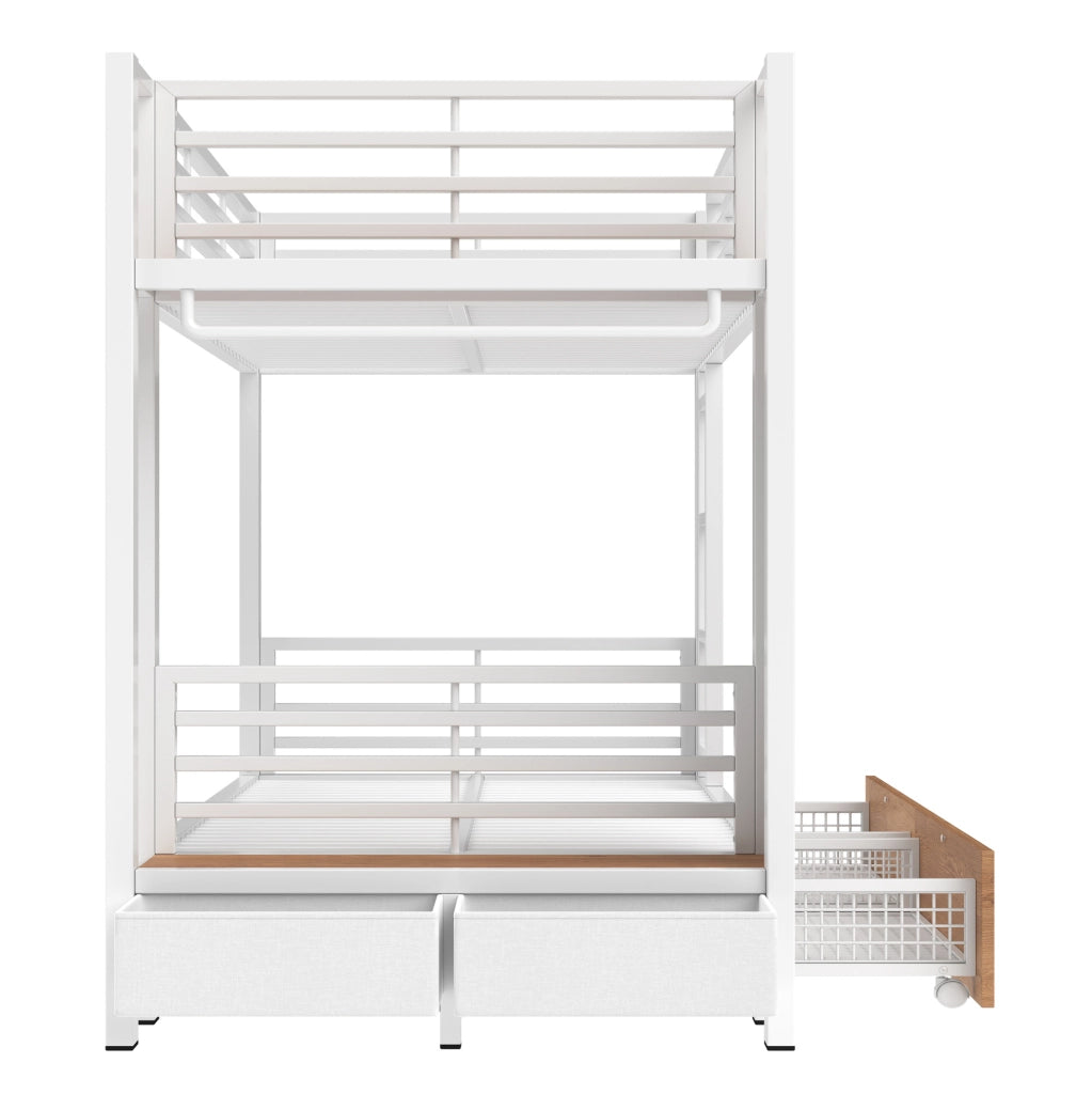 Letto a castello 90x200 cm in MDF e metallo; bianco; con LED e 2 cassetti