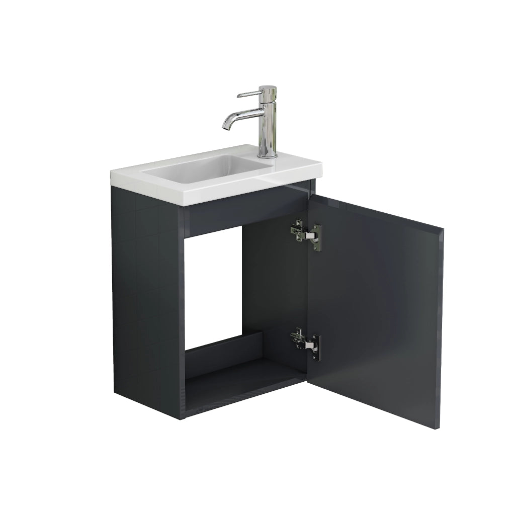 Mobile bagno sospeso grigio lucido con lavabo in ceramica e specchio