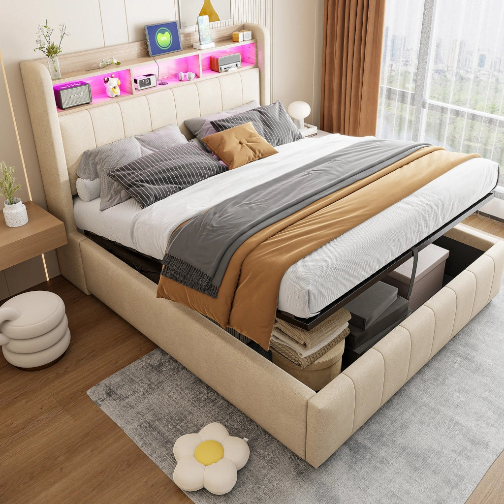 Letto matrimoniale imbottito 140x200 cm con LED; USB e contenitore idraulico; beige