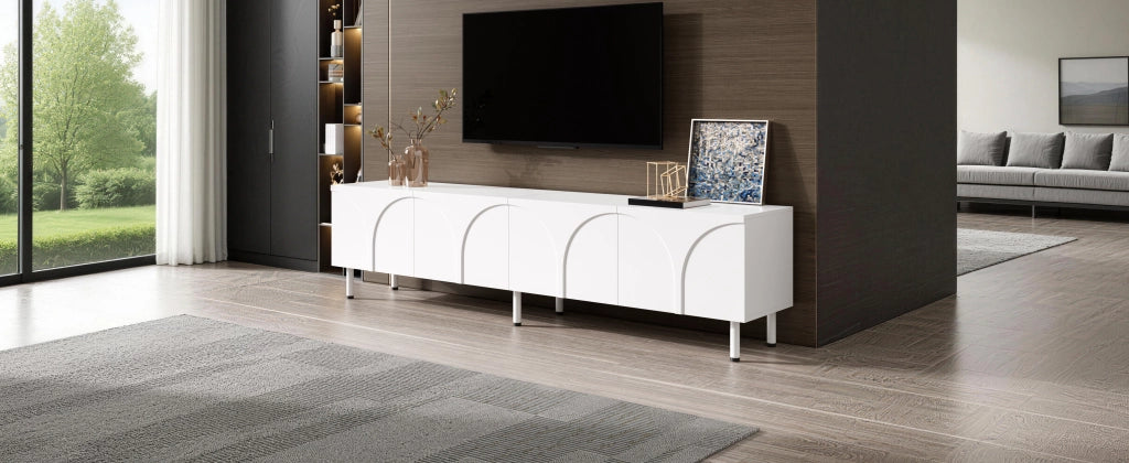 Mobile porta TV con 4 ante e 2 vani separati, piedi in metallo, in MDF e PB, per soggiorno, bianco, 180 × 35 × 49 cm