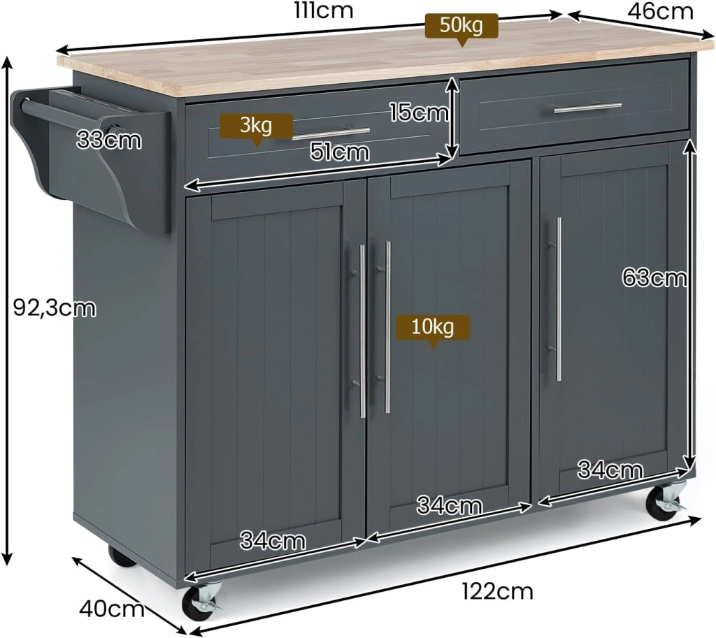 Isola di cucina mobile, carrello da cucina con ruote, 2 cassetti, armadi, portasciugamani e supporto per coltelli, ripiani regolabili, piano di lavoro in legno gomma, 121,5 x 45,5 x 92,5 cm