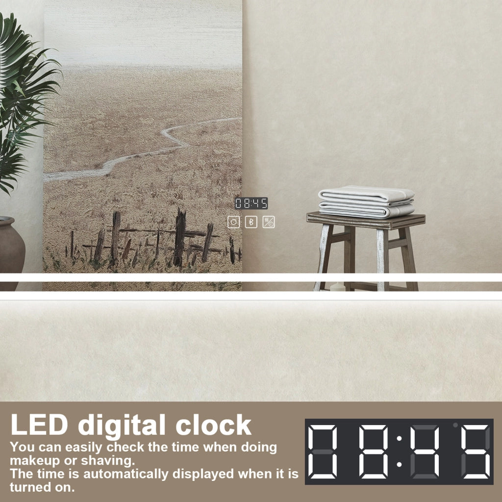 Specchio bagno Rettangolare 120x70cm Led Con 3 Luci Bluetooth + Orologio + Antiappannamento