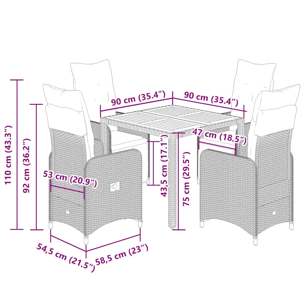 vidaXL Set Bistrò da Giardino 5 pz con Cuscini in Polyrattan Nero