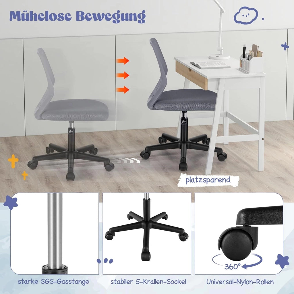 Sedia da scrivania per bambini, graziosa sedia da ufficio con schienale a forma di S e seduta imbottita, sedia da studio girevole senza maniche su ruote, per ragazzi e ragazze (grigio)