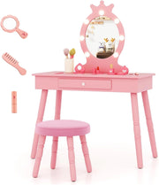 Set Toeletta Trucco per Bambina con Sgabello, Specchiera Trucco Staccabile con Luci LED a 3 Colori, Postazione Trucco Giocattolo con Cassetto e Accessori, per Bambine di 3-7 Anni (Rosa)