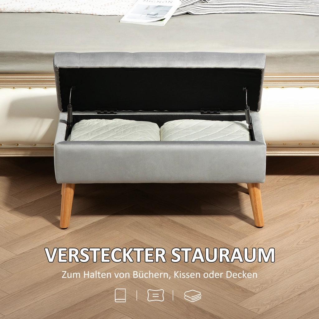 Panca contenitore imbottita con spazio nascosto, bottoni decorativi e gambe in legno in poliestere grigio 80 × 35 × 40 cm