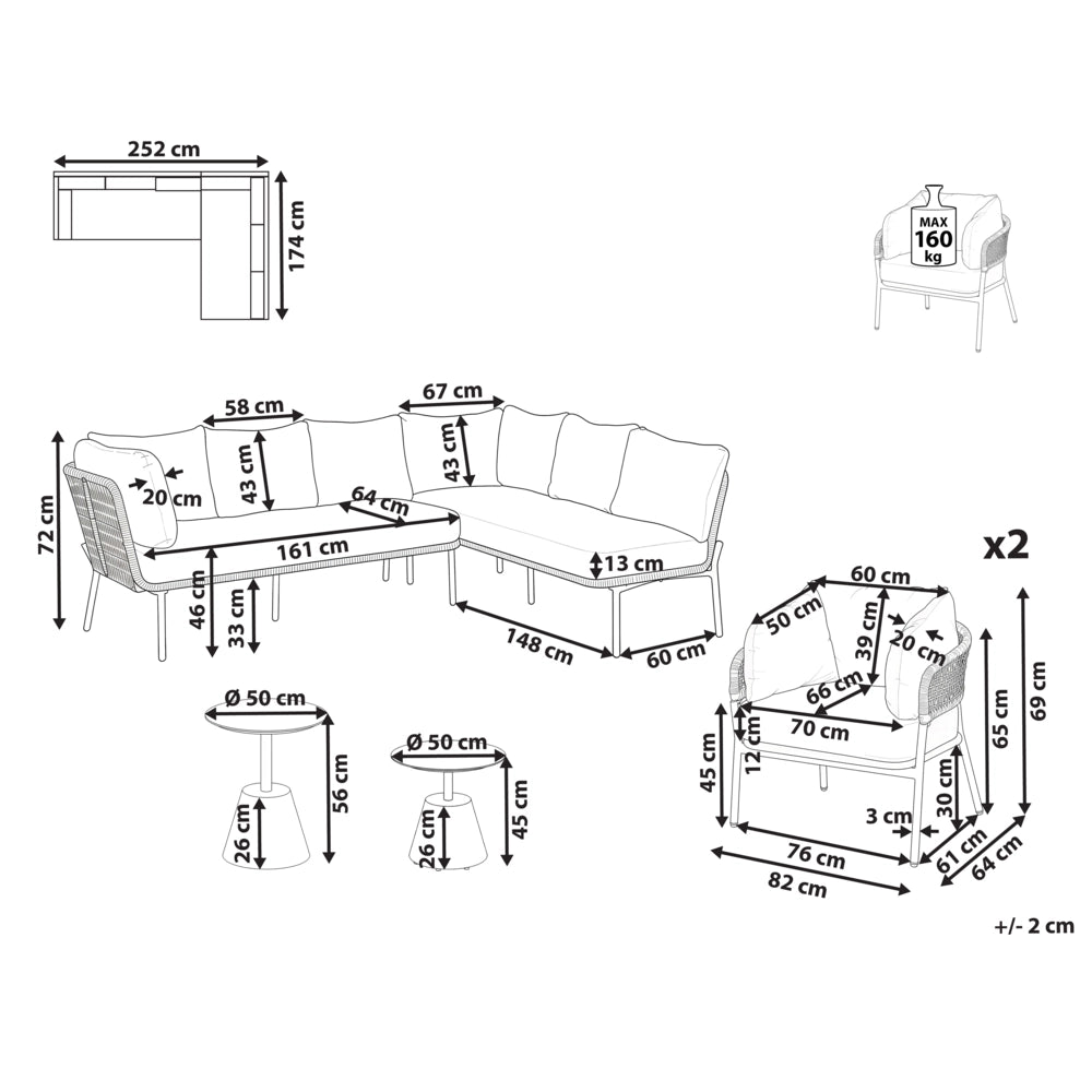 Set da salotto da giardino a 7 posti con divano angolare in corda intrecciata poltrone e 2 tavolini da caffè beige struttura in alluminio