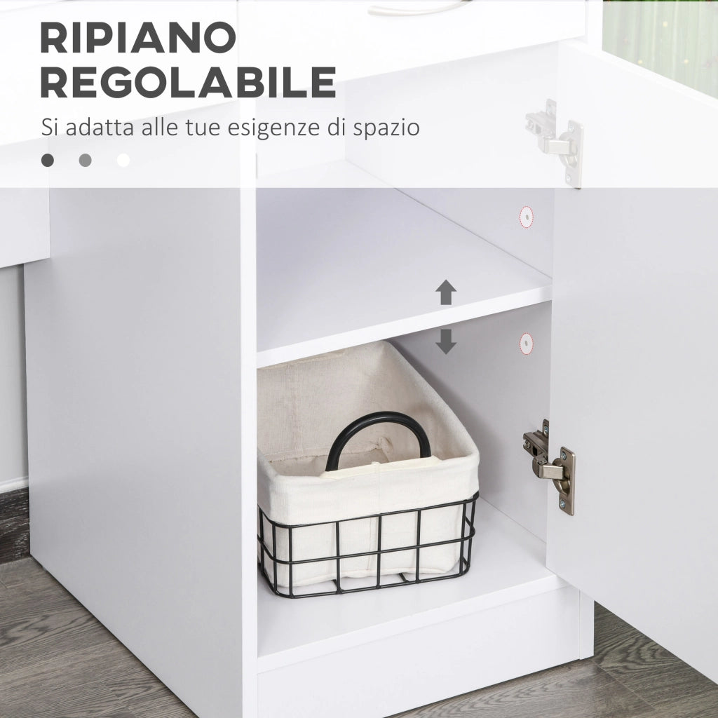 Scrivania Moderna per PC e Computer con 2 Cassetti e 1 Armadietto, Scrivania con Libreria Salvaspazio per Ufficio o Camera in Legno, Bianco