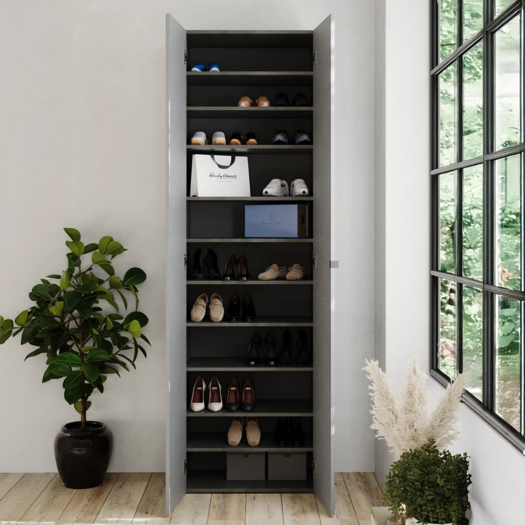 Ruggiero, Armadio Multiuso 2 Ante 10 Ripiani, 63x212h cm Grigio Cemento