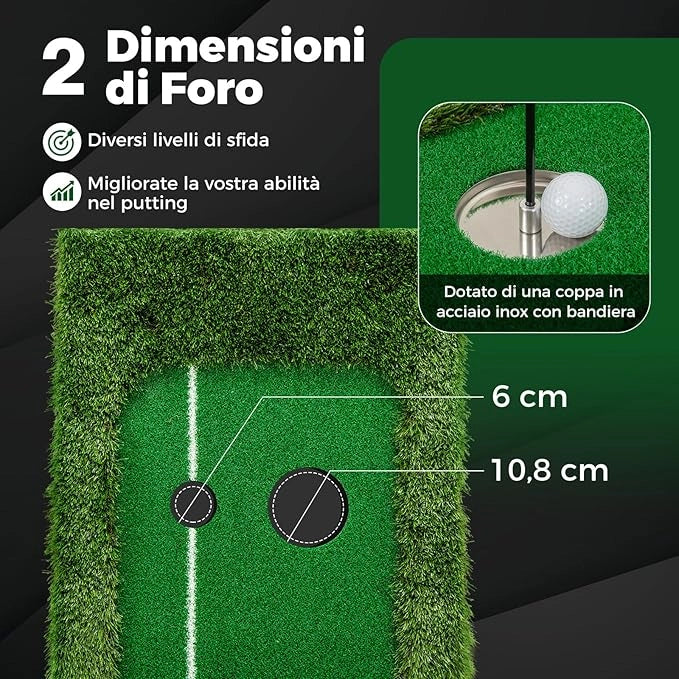 Putting Green, Tappetino da Interno ed Esterno con Erba Sintetica, 3 Palline da Golf e 2 Dimensioni di Buche, Tappetino da Golf per Casa, Ufficio e Giardino, 300 x 50 cm