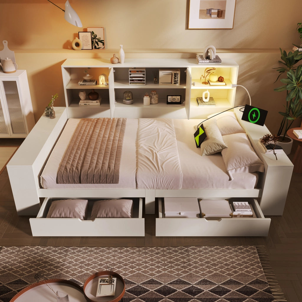 Letto Contenitore 140x200 con Cassetti e USB ¨C MINIMAL ¨C Bianco, Legno