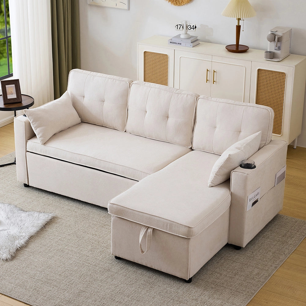 Canap?? letto angolare 3 posti - Xylo - Con spazio di archiviazione e porta bevande, colore beige