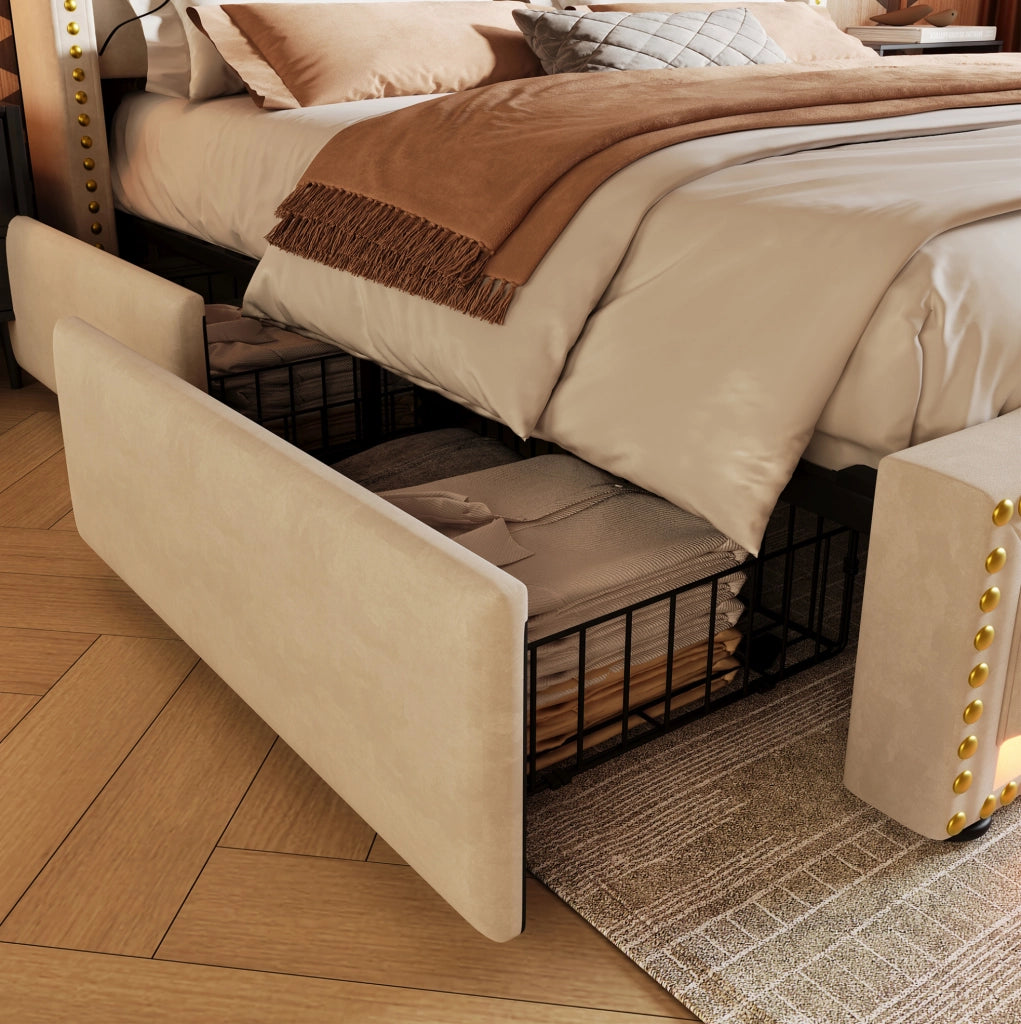 Letto matrimoniale 180x200 con 4 cassetti, LED e porte USB-C