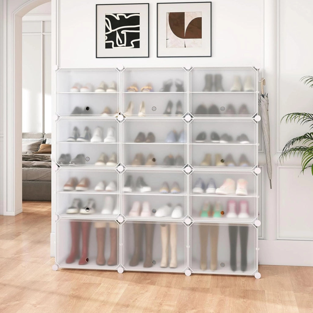 Scatola per scarpe con 12 cubi con ripiano rimovibile, mobile da 48 paia, 5 ganci da appendere, 12 ante 124 x 32 x 125 cm, per corridoio, ingresso, soggiorno, nero (Bianco)