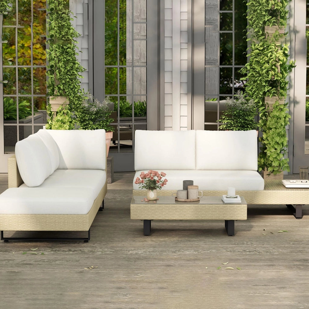 Divano Angolare 5 Posti con Tavolino ¨C Zephmum ¨C Beige, Polyrattan, Acciaio
