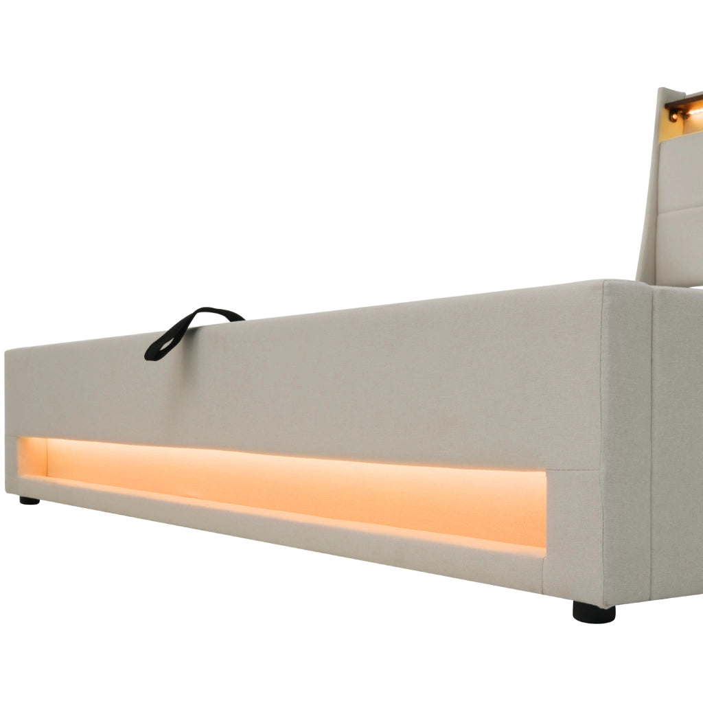 Letto con Cassetti Letto Matrimoniale; 4 Cassetti; USB e Tipo C; 160×200 cm; senza Materasso; in Lino Beige