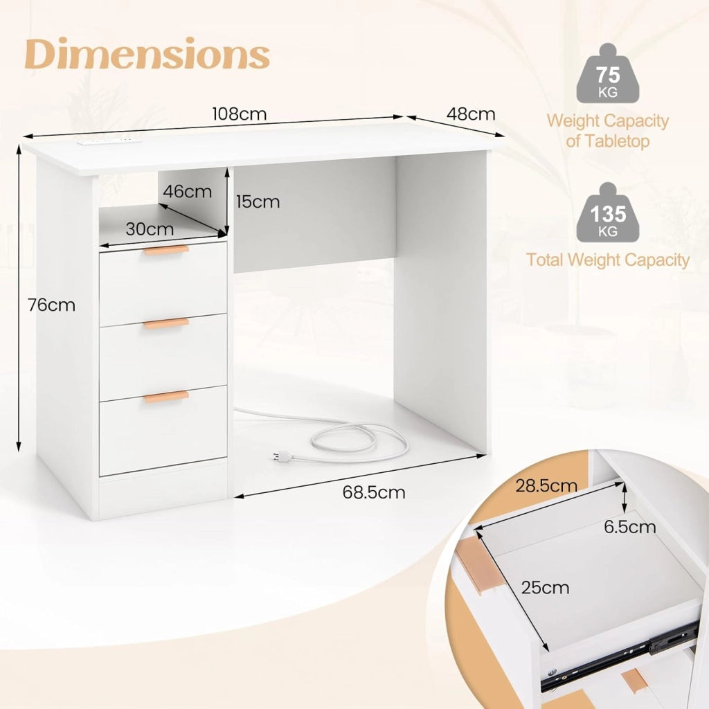 Scrivania per Casa con Presa Elettrica, Scrivania da 105 CM con 3 Cassetti e Scomparto Aperto, Postazione di Lavoro Moderna per Computer con Porte USB e Tipo-C, per Studio o Camera da Letto